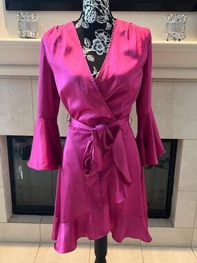 bebe  flounce satin wrap ruffle Dress